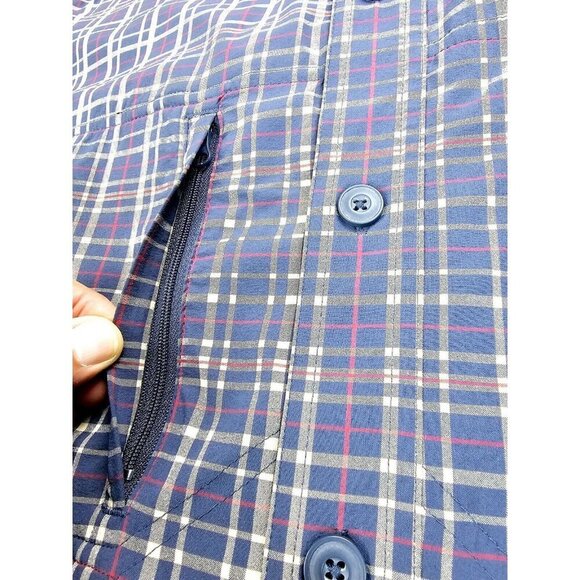 Duluth Size Large Mens Navy Tan Red Check Zip Pocket Back Vent Button Down Shirt - Picture 8 of 11